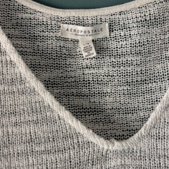 Aeropostale L White Metallic Silver Sweater Open Knit Sheer V Neck Tunic Festive - Picture 6 of 6